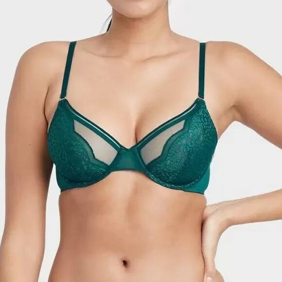 Lace Overlay Unlined Bra Auden 32A Green Underwire Demi Coverage Semi Opaque - Picture 3 of 8